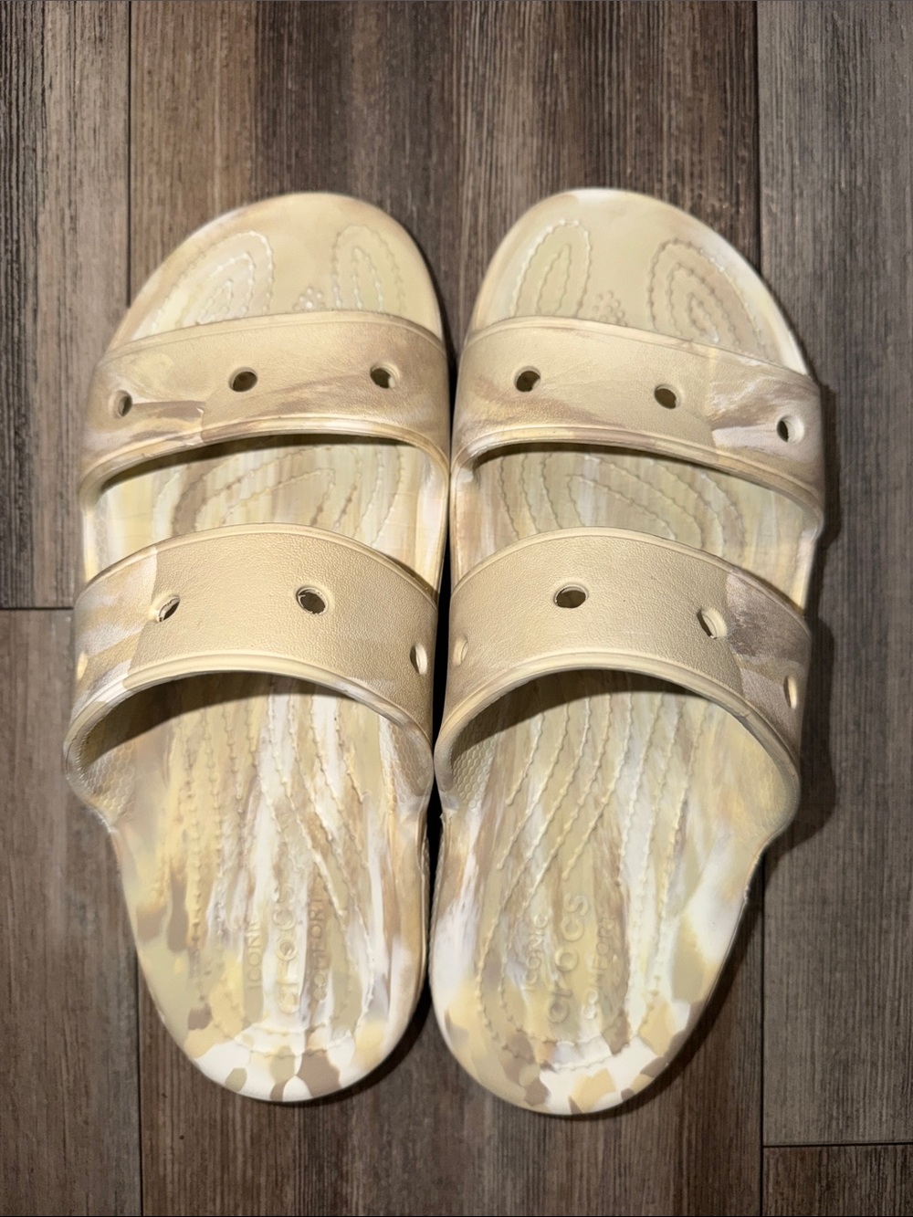RARE Crocs Iconic Comfort Marbled Slide Sandals in Neutral Beige